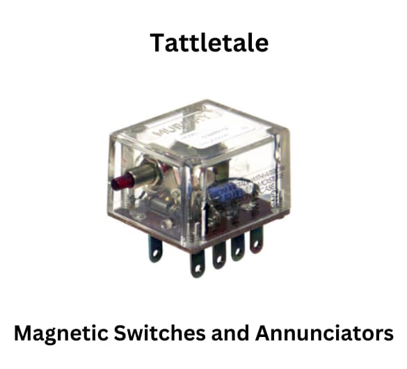 Tattletale magnetic switches and annunciators displayed, showcasing their design and functionality in a security system setup